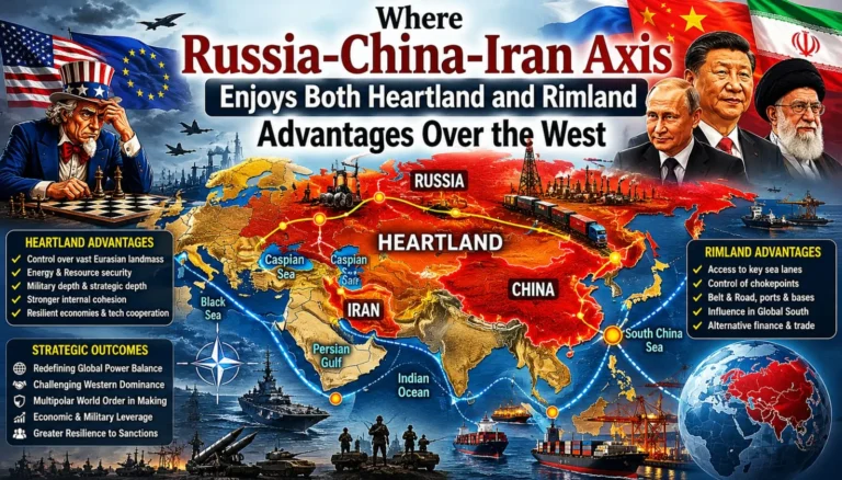 Où l’axe Russie-Chine-Iran bénéficie à la fois des avantages du Heartland et du Rimland par rapport à l’Occident