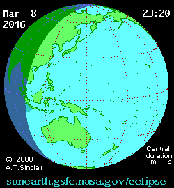Une animation de la trajectoire d'une éclipse solaire. Le petit point noir en mouvement au centre du cercle d’ombre lunaire est le point de l’Ombre Umbrale. Éclipse solaire